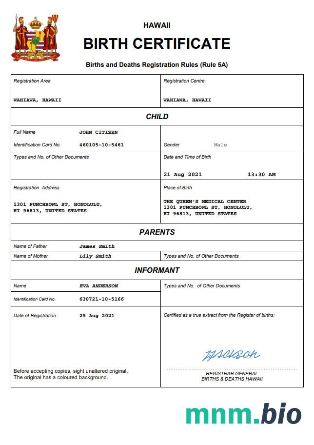 Hawaii narodziny certyfikat Word i PDF szablon